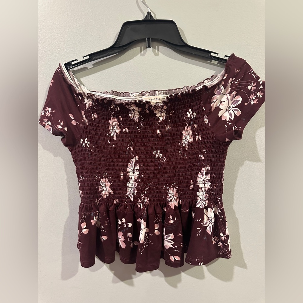 Aeropostale Smocked Floral Off Shoulder Top Large Burgundy Cottagecore Boho
